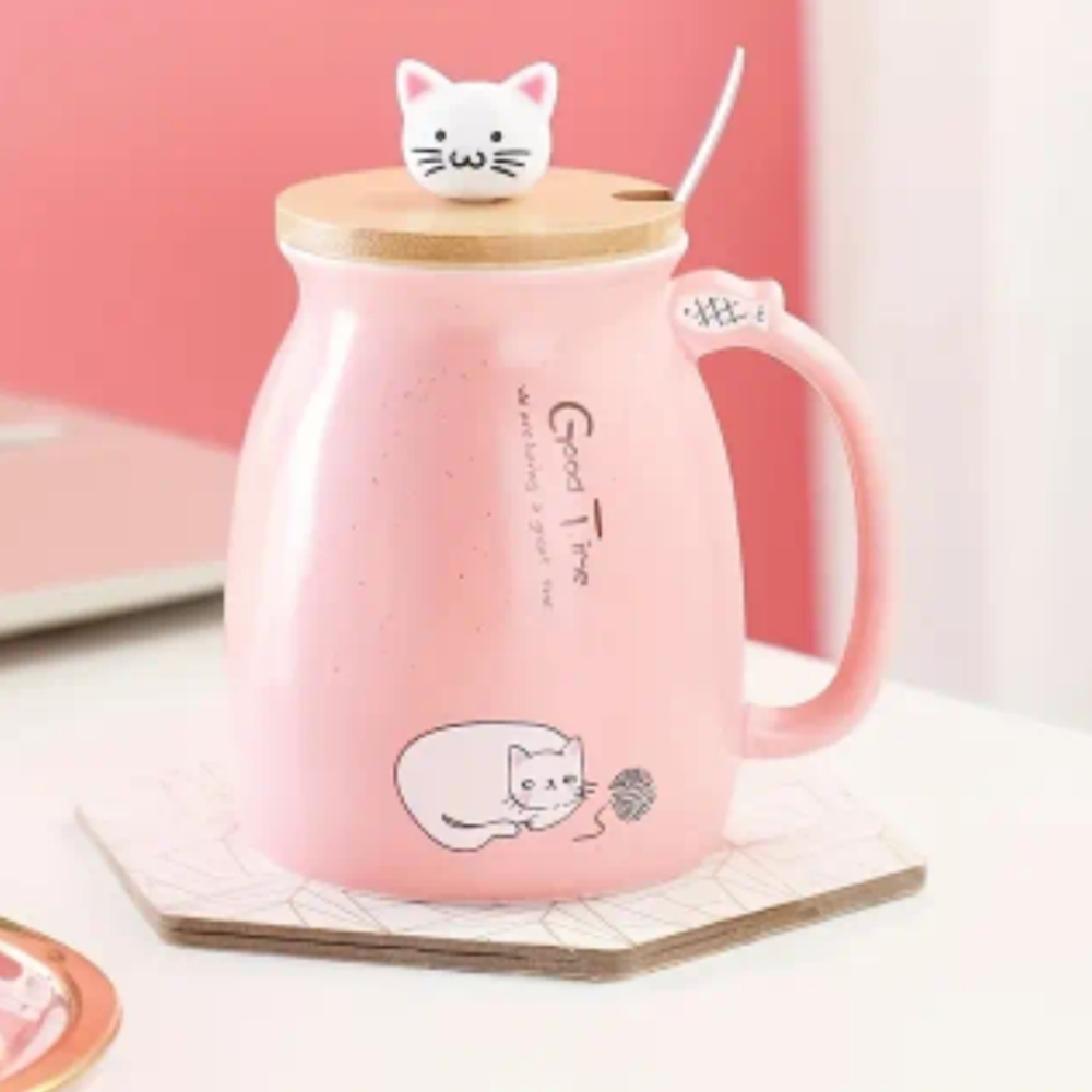 Pink Cat-Themed Ceramic Mug with Lid